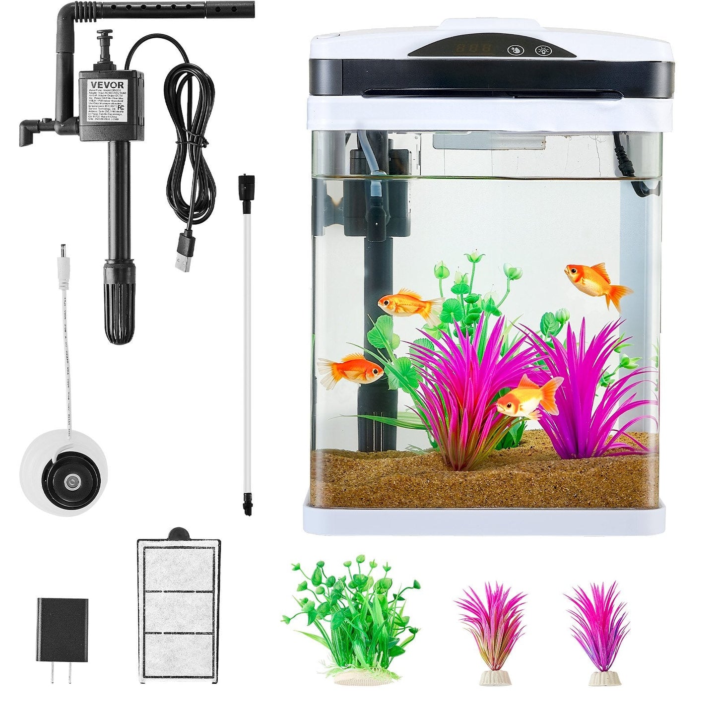 2 Gallon Fish Tank Aquarium LED Smart Square Clear Glass 7 Color Self Cleaning eprolo