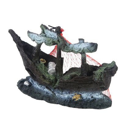Resin Shipwreck Aquarium Decoration - Sunken Boat with Water Grass eprolo