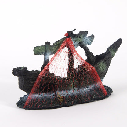 Resin Shipwreck Aquarium Decoration - Sunken Boat with Water Grass eprolo